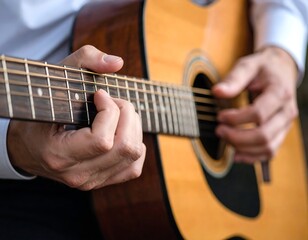 Fototapeta premium Close-up of hands playing acoustic guitar