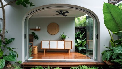 a modern, stylish outdoor-indoor living space with a seamless transition between the patio and the interior. 