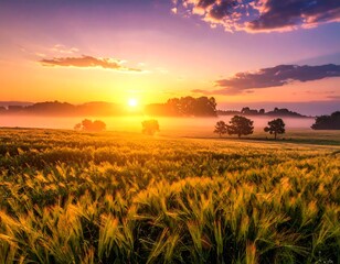 Misty sunrise over a golden field, sun peeking through trees and fog