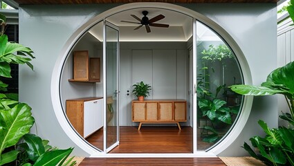a modern, stylish outdoor-indoor living space with a seamless transition between the patio and the interior. 