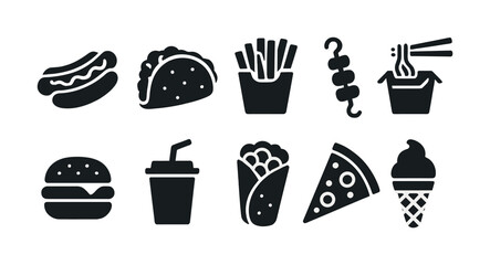 Silhouette icons of popular fast food items including hot dog, taco, fries, and pizza