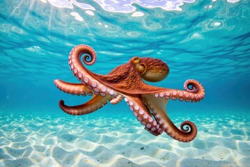 Octopus swimming gracefully in crystal clear ocean waters underwater photography marine life natural habitat