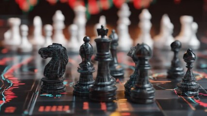 A chess game board with white and black pieces, possibly overlayed with a financial trend graph - Powered by Adobe