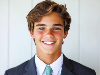 Young Businessman with Stylish Hair and Bright Smile Posing Confidently in Formal Suit Against Light Background