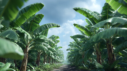 Vibrant banana plants in lush tropical landscape showcasing healthy foliage, natural greenery, and thriving crop growth in outdoor agricultural environment