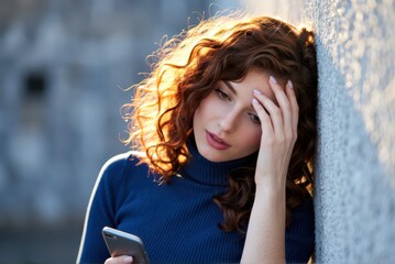 Feeling overwhelmed young woman engaged with smartphone urban setting emotive portrait close-up perspective