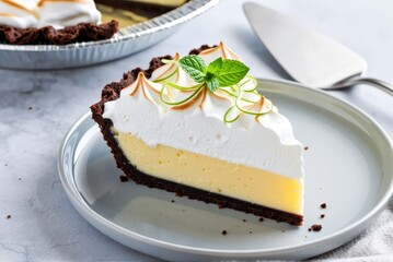 Delicious chocolate cream pie slice on a plate kitchen setting food photography bright lighting dessert concept