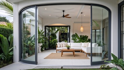 a modern, stylish outdoor-indoor living space with a seamless transition between the patio and the interior. 