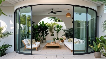 a modern, stylish outdoor-indoor living space with a seamless transition between the patio and the interior. 