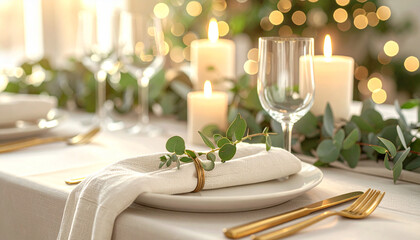 Elegant dining table setting with candles, greenery, and golden cutlery, ready for a festive meal.