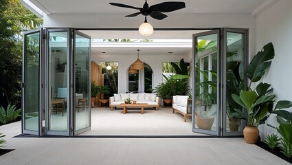 a modern, stylish outdoor-indoor living space with a seamless transition between the patio and the interior. 