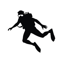 Silhouette of a scuba diver in full gear, underwater and weightless state, scuba diving silhouette vector illustration