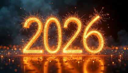 Sparkling 2026 numerals on a reflective surface with bokeh lights