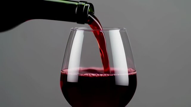 Red Wine Pouring into Glass from Bottle on Gray Background.
