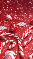 Christmas background, fun colorful holiday theme, candy canes, red and white decorations, snowflakes, glowing lights, cheerful playful atmosphere, minimal composition with copy space.