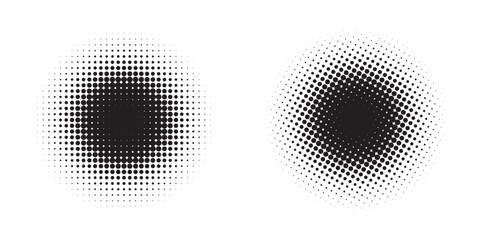Set of black halftone dots backgrounds. Set of halftone circles. Black circle halftone vector design elements set isolated. Vector illustration. 