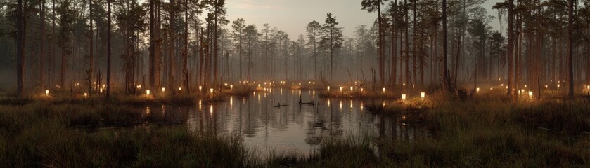 A mysterious illuminated swamp surrounded by tall trees creates an eerie and enchanting landscape scene at dusk, reflecting lights.