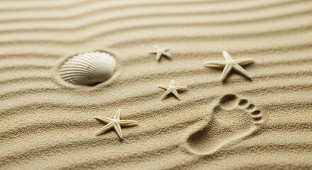 Seashell footprint and starfish impressions on rippled sand a serene beach scene