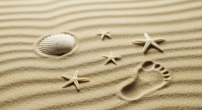 Seashell footprint and starfish impressions on rippled sand a serene beach scene - Powered by Adobe