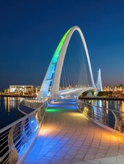 Obraz premium A stunning pedestrian bridge arches gracefully over the water, illuminated with vibrant colors against the twilight sky in a modern city setting.