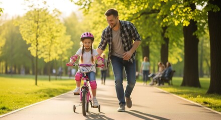 Father teaching daughter to ride bike