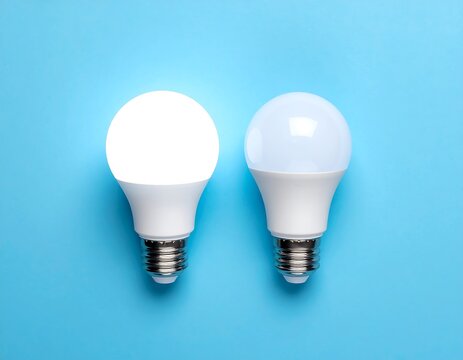 Two LED light bulbs on a blue background, one illuminated