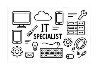 It specialist icon set with tools and devices illustrations for technology enthusiasts