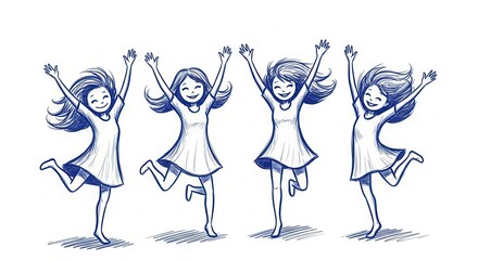 Obraz premium Joyful sketch of four girls celebrating happiness, jumping and smiling with arms raised, perfect for projects.