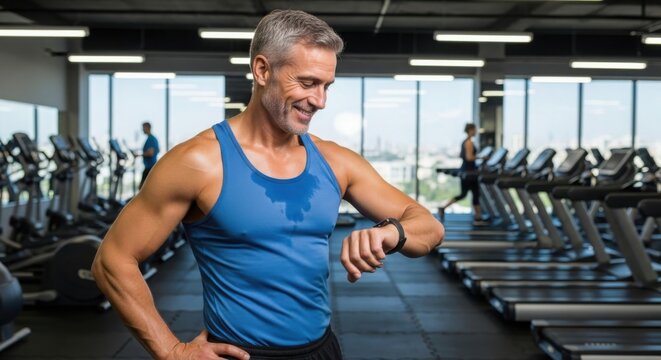 Fit, smiling man checks smartwatch after workout in modern gym, showing fitness and health tracking