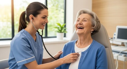 Fototapeta premium Smiling nurse checking senior womans heart with stethoscope in a bright clinic room.