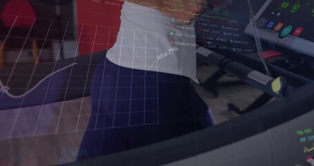 Mid adult woman powering treadmill and running, monitoring live fitness performance graphs - Powered by Adobe