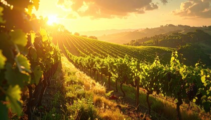 Naklejka premium Vineyard Rows Under Sunset Glowing Golden Light and Warm Hues Rural Scenic View Cultivated Land Green Vine Leaves and Distant Hills and Golden Sky