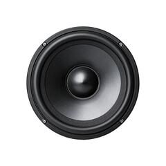 A close-up view of a high-quality black speaker cone against a dark background, highlighting the detailed design and smooth surface of the audio component.
