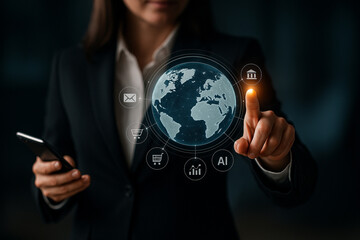 AI generated futuristic business concept showing professional touching glowing digital globe with icons of finance communication shopping and technology symbolizing innovation