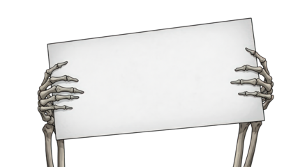 Skeleton hands holding blank sign
