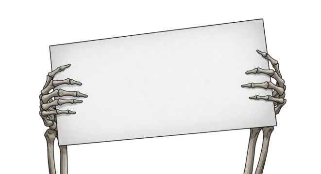 Skeleton hands holding blank sign