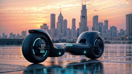 A hoverboard with a sleek design, glowing green lights, and a futuristic look, set against a cityscape. The scene is set during sunset, with the city lights and the glow of the hoverboard