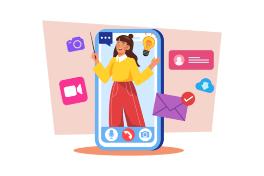 Cheerful Woman Presenting on Smartphone with Creative Icons Against a Pink and White Abstract Background Flat Vector Illustration