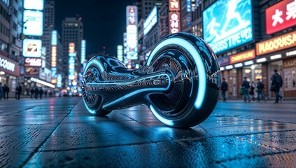 A futuristic hoverboard with glowing lights, positioned on a wet street at night, with neon signs in the background.