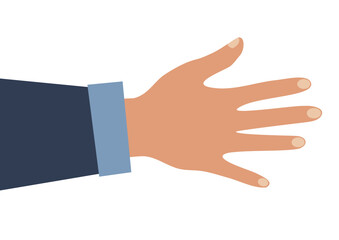Human hand showing five fingers on an open palm. Vector illustration of a flat hand with a classic suit sleeve for business gesture.