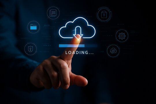 AI generated glowing cloud computing interface with loading symbol futuristic icons data security automation and digital storage representing technology innovation and connectivity - Powered by Adobe