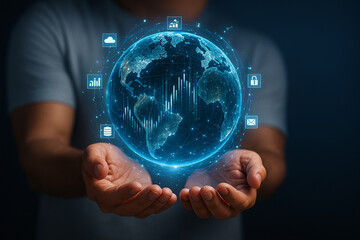 AI generated futuristic digital earth glowing with data icons innovation connectivity and technology symbolizing global transformation and modern network communication
