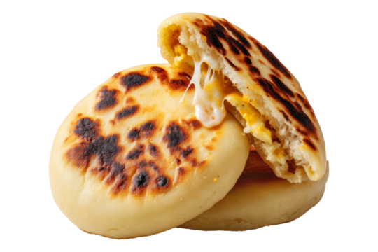 Gooey melted cheese-stuffed Arepas flatbreads stacked with fillings like beef, black beans, and cheese isolated on white transparent background. Concept of Venezuela street food