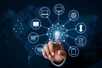AI generated image of hand touching glowing network sphere with connected icons representing technology business communication and global digital innovation concept