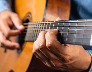 Obraz premium Close-up of hands playing an acoustic guitar