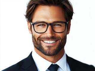 Smiling business professional with glasses in elegant suit against soft white background showcasing confidence and approachability
