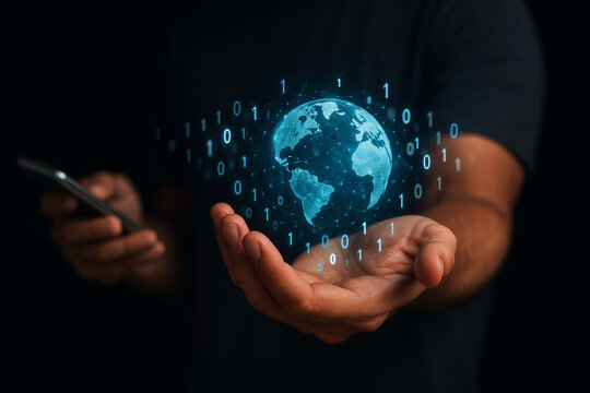 AI generated futuristic digital concept showing human hand with glowing holographic globe and binary code symbolizing technology connection network and data innovation - Powered by Adobe