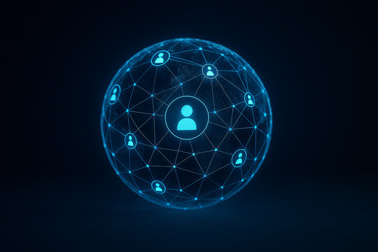 AI generated futuristic digital concept showing glowing blue sphere with user icons and connections symbolizing online community global communication and technology network