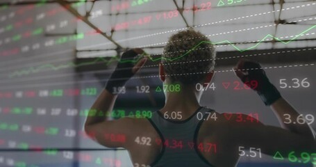 Overlay drifting causing woman lifting fists and stretching with market data shifting to gym warmup - Powered by Adobe