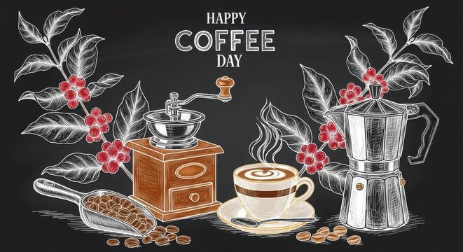 Celebrate Happy Coffee Day with steaming cup, vintage grinder, and fresh beans artistry on chalkboard